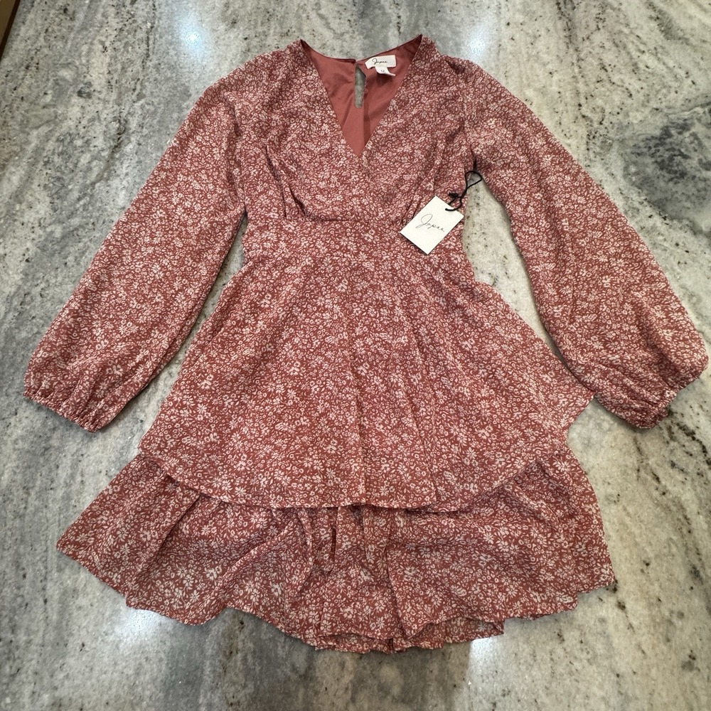NWT Japna Mini Dress Sz M Tiered Floral Pink V Neck Tie Back Puff Sleeve Boho